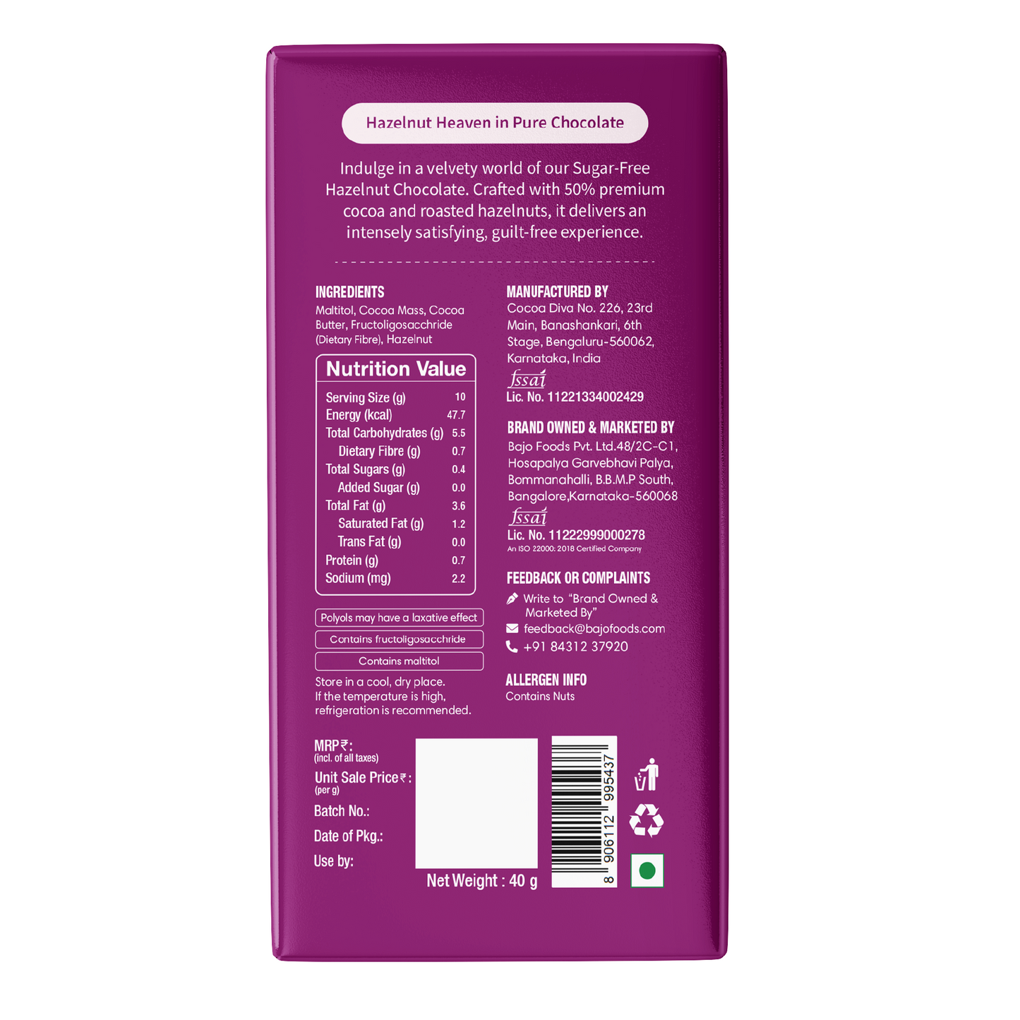 Guilt Free Hazelnut Heaven Dark Chocolate (Sugar Free)