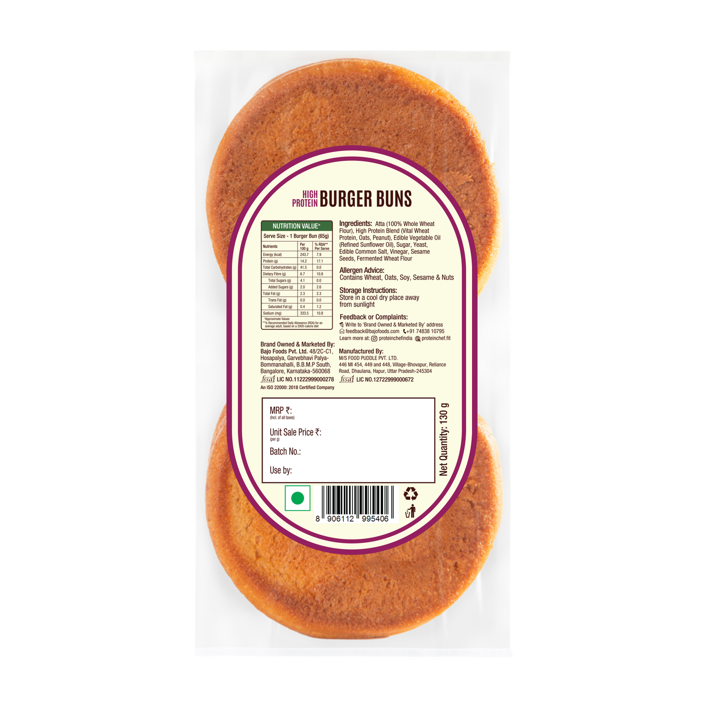 Protein Chef High Protein Burger Bun (No Maida, Multigrain)