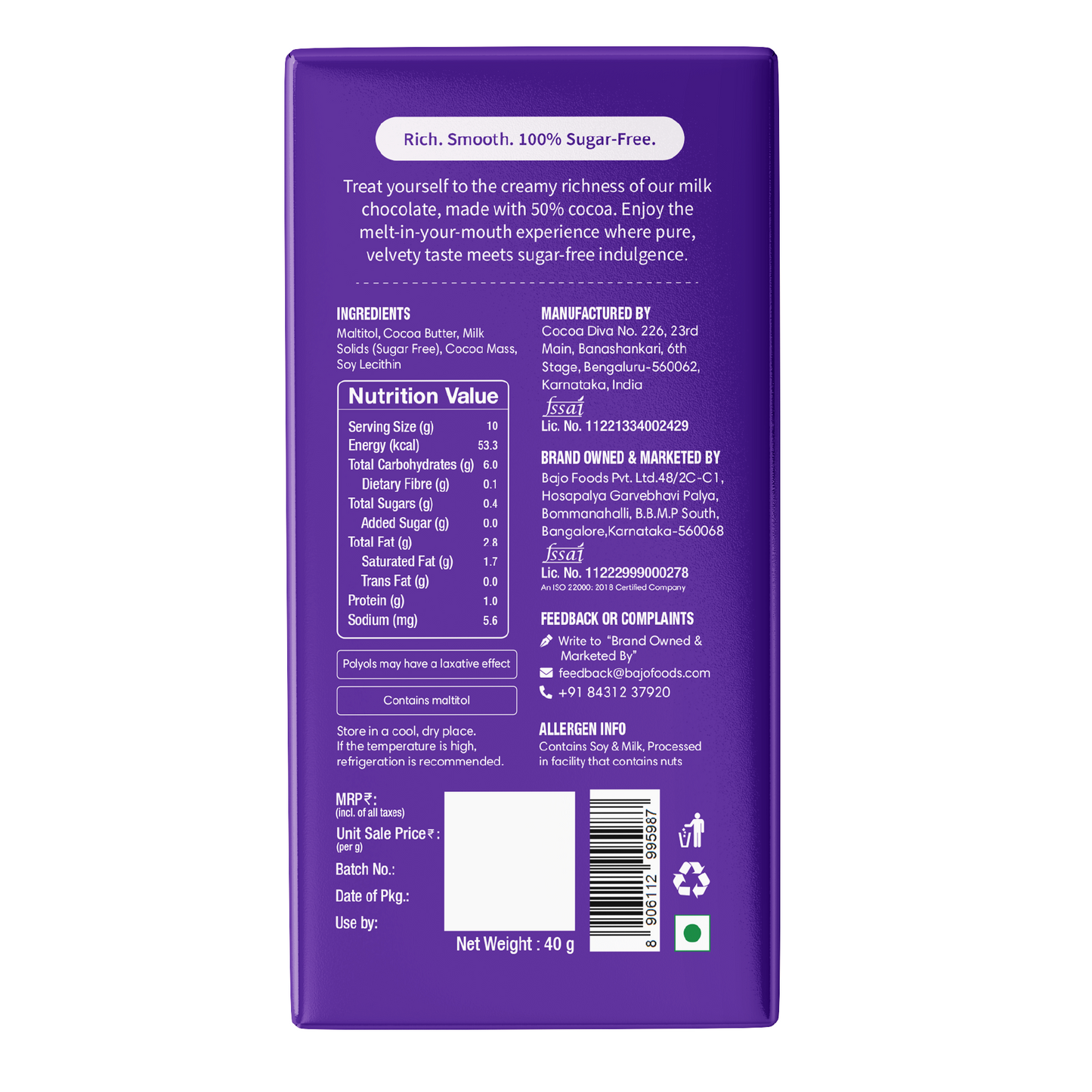 Sugar Free Milk Chocolate Bar (Premium and Silky)