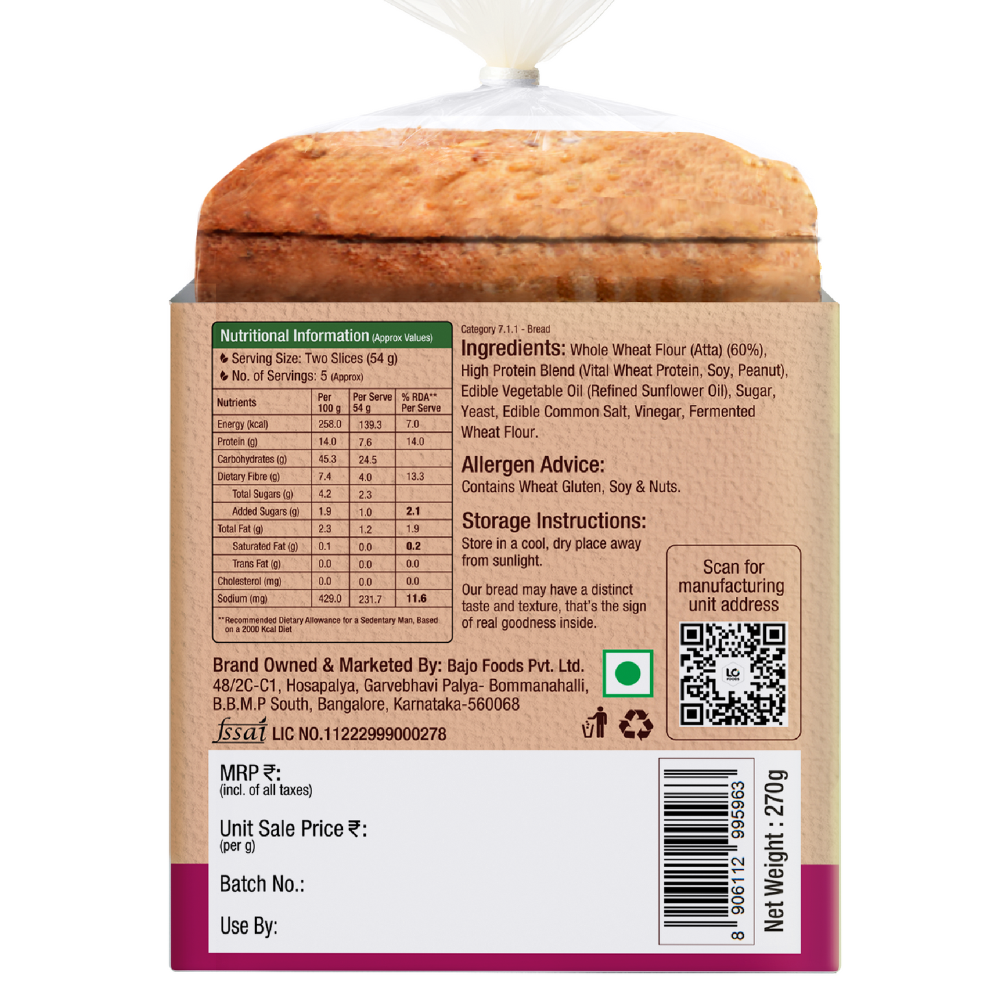 Protein Chef 38g Protein Brown Bread, No Maida